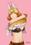  1girl animal_ears belt black_bra blonde_hair bra breasts cleavage elbow_gloves eyebrows_visible_through_hair gloves highres joe_(j_studio) kemono_friends large_breasts looking_at_viewer midriff navel open_mouth orange_gloves parted_lips serval_(kemono_friends) serval_ears short_hair skirt smile solo underwear undressing yellow_eyes 