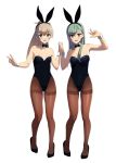  2girls :d animal_ears arm_up bare_shoulders black_bow black_bowtie black_shoes blue_eyes bow bowtie breasts brown_hair brown_legwear bunny_girl bunnysuit cleavage collarbone detached_collar fake_animal_ears full_body green_hair hair_ornament hairband hairclip hand_gesture hand_holding headgear highres interlocked_fingers kantai_collection kumano_(kantai_collection) leotard long_hair looking_at_viewer medium_breasts multiple_girls open_mouth pantyhose ponytail rabbit_ears shoes simple_background small_breasts smile standing strapless strapless_leotard suzuya_(kantai_collection) tareme thighband_pantyhose touyama_eight v white_background wrist_cuffs 