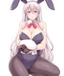  1girl animal_ears azur_lane bare_shoulders black_legwear breasts bunny_girl bunnysuit cleavage commentary_request detached_collar enterprise_(azur_lane) fake_animal_ears hasu_(hk_works) large_breasts long_hair looking_at_viewer pantyhose rabbit_ears simple_background solo violet_eyes white_background white_hair 