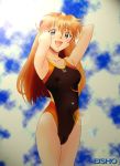  1girl armpits arms_behind_head artist_name blue_eyes clouds competition_swimsuit cowboy_shot day eisho_(eisho-kan) lens_flare long_hair neon_genesis_evangelion one-piece_swimsuit open_mouth orange_hair signature sky smile solo souryuu_asuka_langley swimsuit 