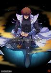  1boy abs arm_guards artist_name bangs black_bodysuit bodysuit brown_hair chains coat hand_on_own_knee kaiba kaiba_seto knee_pads looking_at_viewer male_focus mouhitorinoboku open_clothes open_coat sitting solo watermark yu-gi-oh! yuu-gi-ou_duel_monsters 