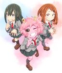  3girls :p ;d ashido_mina asui_tsuyu black_eyes black_hair black_sclera blush boku_no_hero_academia brown_eyes brown_hair full_body highres horns long_hair long_sleeves looking_at_viewer multiple_girls necktie one_eye_closed open_mouth ouhashi_(yumenosukima) pink_hair pink_skin pleated_skirt red_necktie school_uniform short_hair skirt smile teeth tongue tongue_out uraraka_ochako yellow_eyes 