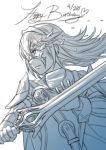  1girl english fingerless_gloves fire_emblem fire_emblem:_kakusei gloves krazehkai long_hair lucina mask monochrome solo sword tiara weapon 