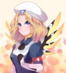  1girl alternate_costume alternate_hairstyle armband bangs blonde_hair blue_eyes bodysuit combat_medic_ziegler gloves hat highres kiri_itoguchi long_sleeves looking_at_viewer mechanical_wings mercy_(overwatch) overwatch parted_bangs short_hair smile solo upper_body wings 