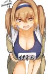  1girl angry annoyed bent_over blush breasts brown_eyes brown_hair cleavage collarbone commentary_request dated eyebrows_visible_through_hair hairband hanging_breasts highres i-26_(kantai_collection) kantai_collection large_breasts leaning_forward light_brown_eyes light_brown_hair long_hair looking_at_viewer name_tag one-piece_swimsuit open_clothes open_mouth sailor_collar school_swimsuit shiragiku1991 short_sleeves solo swimsuit swimsuit_under_clothes thigh_gap twintails twitter_username two-tone_hairband two_side_up white_background 
