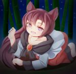  1girl all_fours animal_ears bamboo bamboo_forest barefoot blouse blue_blouse brown_eyes brown_hair collarbone forest imaizumi_kagerou kumita_(kumeeta) long_hair long_skirt nature off_shoulder open_mouth red_skirt skirt sky star_(sky) starry_sky touhou very_long_hair wolf_ears 