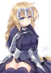  1girl 2014 arm_at_side armor armored_dress bangs blonde_hair blue_eyes braid breasts capelet chains cowboy_shot dated eyebrows_visible_through_hair fate/apocrypha fate_(series) faulds gauntlets groin hair_ornament hair_tie hand_on_own_chest hand_up headpiece highres large_breasts legs_together long_hair looking_at_viewer open_mouth purple_legwear ruler_(fate/apocrypha) showgirl_skirt signature simple_background single_braid sitting solo subaru_(794829485) thigh-highs thighs very_long_hair white_background 