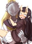  2girls armor black_hair blonde_hair blush carrying constricted_pupils crying crying_with_eyes_open gazacy_(dai) highres hood hoodie horns kiko_(oddman_11) long_hair multiple_girls oddman_11 oni_horns open_mouth pointy_ears ponytail princess_carry school_uniform serafuku shizuhata_chouko skirt tears violet_eyes white_background 