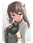  1girl arm_at_side blush breasts brown_eyes brown_hair commentary hair_between_eyes hand_on_own_chest headband headgear kantai_collection kurogoma_(haruhi3) looking_at_viewer muneate open_mouth short_hair small_breasts taihou_(kantai_collection) upper_body 