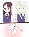  ... 2girls absurdres bangs blue_eyes blunt_bangs blush brown_hair diana_cavendish expressionless half-closed_eyes hand_holding heart highres kagari_atsuko little_witch_academia long_hair looking_to_the_side multiple_girls neck_ribbon red_eyes ribbon school_uniform sidelocks split_screen upper_body white_hair yuri 