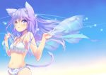  1girl animal_ears bangs blue_bow blue_eyes blue_sky blush bow bow_bra bow_panties bra breasts cat_ears cat_girl cat_tail cleavage ech eyebrows_visible_through_hair floating_hair frilled_bra frills hair_between_eyes hair_flaps hands_up holding long_hair looking_at_viewer medium_breasts navel original outdoors panties parted_lips purple_hair see-through sky solo tail underwear underwear_only upper_body white_bra white_panties wind 