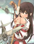  1girl a6m_zero akagi_(kantai_collection) arrow bow_(weapon) brown_eyes brown_hair gloves hakama_skirt highres japanese_clothes junkaini kantai_collection long_hair muneate partly_fingerless_gloves red_skirt skirt solo straight_hair tasuki weapon yugake 