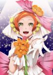  1girl blush dress earrings flower gloves hair_flower hair_ornament hoshizora_rin jewelry love_live! love_live!_school_idol_project love_wing_bell microphone orange_hair outstretched_arm shiro_(nitto) short_hair smile veil white_dress white_gloves yellow_eyes 