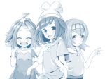  3girls :d acerola_(pokemon) ahoge armlet child closed_eyes drawfag dress female_protagonist_(pokemon_sm) hair_ornament hairband hand_on_own_chest hat locked_arms looking_at_viewer monochrome multiple_girls open_mouth paw_pose pokemon pokemon_(game) pokemon_sm shirt smile suiren_(pokemon) t-shirt tooth v 