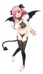  1girl :d bangs bare_arms bare_shoulders bikini black_bikini black_legwear blush bracelet breasts cleavage demon_girl demon_horns demon_tail demon_wings fang full_body halterneck horns jewelry large_breasts looking_at_viewer maoujou_no_chef navel official_art open_mouth pink_eyes pink_hair pointy_ears short_hair smile solo stomach swimsuit tail thigh-highs toeless_legwear wings yam2344 