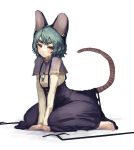  1girl animal_ears barefoot between_legs blouse blush capelet dowsing_rod earrings flat_chest grey_hair hand_between_legs hands_together high-waist_skirt highres jewelry kikimifukuri kneeling long_sleeves looking_at_viewer mouse_ears mouse_tail nazrin pendant red_eyes simple_background sketch skirt solo suspender_skirt suspenders tail thick_eyebrows touhou white_background 