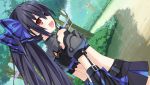  1girl bare_shoulders black_hair breasts chou_megami_shinkou_noire_gekishin_black_heart game_cg hair_ornament highres long_hair looking_at_viewer looking_back medium_breasts neptune_(series) noire official_art open_mouth red_eyes ribbon smile solo standing tsunako twintails 