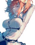  1girl belt breasts closed_mouth commentary_request fate/grand_order fate_(series) fujimaru_ritsuka_(female) hair_between_eyes hair_ornament hair_scrunchie hairband large_breasts mebaru orange_hair outstretched_arm scrunchie short_hair side_ponytail simple_background smile solo upper_body white_background white_hairband 