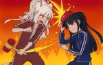  2girls bangs black_hair blue_clothes blunt_bangs bow brown_eyes clenched_hand collarbone fiery_background fire fujiwara_no_mokou hair_bow houraisan_kaguya long_hair long_sleeves mallet meitei multi-tied_hair multiple_girls open_mouth ponytail red_clothes red_eyes rock_paper_scissors sidelocks sleeves_pushed_up touhou track_suit white_hair 