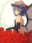  1girl back backless_outfit bare_back bat_wings bei_mochi blue_hair dress elbow_gloves fang flower gloves hat highres mob_cap open-back_dress pointy_ears red_eyes remilia_scarlet rose short_hair smile solo thorns touhou wings 
