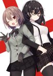  2girls akechi_gorou black_hair black_legwear breasts brown_hair buttons eyelashes genderswap genderswap_(mtf) glasses gloves grey_eyes hair_between_eyes highres jacket kurusu_akira light_brown_hair locked_arms long_hair long_sleeves looking_at_viewer medium_breasts medium_hair multiple_girls necktie one_eye_closed open_mouth pantyhose persona persona_5 pleated_skirt red_eyes sakofu short_hair simple_background skirt small_breasts smile standing suspender_skirt suspenders sweater thigh-highs turtleneck turtleneck_sweater waving 