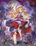  1girl blonde_hair bow cardfight!!_vanguard centipede_(whale2011) company_name doll doll_joints dress drill_hair flower hair_flower hair_ornament hands hat long_hair moon night night_sky nightmare_doll_catherine official_art open_mouth red_eyes rock sky solo 