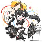  1girl black_hair blush_stickers breasts chibi closed_eyes fatkewell girls_frontline gloves injury long_hair medium_breasts midriff navel open_mouth ouroboros_(girls_frontline) pale_skin panties smile solo thigh-highs twintails under_boob underwear 