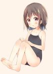  1girl barefoot blush brown_eyes brown_hair competition_school_swimsuit meito_(maze) one-piece_swimsuit open_mouth original school_swimsuit short_hair sitting solo swimsuit 