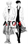  2boys atom:_the_beginning big_nose converse copyright_name full_body hair_over_one_eye hands_in_pockets hands_on_hips highres labcoat looking_at_viewer male_focus multiple_boys ochanomizu_hiroshi pointy_hair shoes short_hair simple_background sneakers tenma_umatarou tetsuwan_atom tsubaakii white_background 