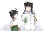  2girls ^_^ black_hair black_hat buttons closed_eyes ebizome female_admiral_(kantai_collection) furisode gloves green_eyes green_hakama hakama hat japanese_clothes kantai_collection kimono long_hair long_sleeves matsukaze_(kantai_collection) meiji_schoolgirl_uniform military military_uniform mini_hat mini_top_hat multiple_girls naval_uniform obi one_eye_closed open_mouth peaked_cap pleated_skirt sailor_hat sash short_hair signature skirt smile top_hat uniform white_gloves white_kimono white_skirt 