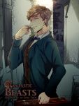 1boy blue_eyes bow bowtie bowtruckle briefcase brown_hair copyright_name fantastic_beasts_and_where_to_find_them freckles highres leaf male_focus newt_scamander solo tori_23 upper_body 