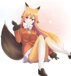  1girl absurdres animal_ears bangs black_gloves blazer blonde_hair blush brown_eyes brown_hair eyebrows_visible_through_hair ezo_red_fox_(kemono_friends) fox_ears fox_tail fur-trimmed_sleeves fur_trim gloves gradient_clothes gradient_hair gradient_legwear hair_between_eyes hair_flaps highlights highres jacket kemono_friends long_hair long_sleeves looking_at_viewer multicolored_hair nagiha_kuten pantyhose parted_lips pleated_skirt simple_background sitting skirt solo tail thighs two-tone_hair very_long_hair white_background white_skirt 