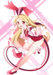  1girl :d akira_irodori blonde_hair blush bow character_name disgaea flonne flonne_(fallen_angel) full_body hair_bow high_heels highres leotard long_hair looking_at_viewer open_mouth outstretched_hand pointy_ears red_bow red_eyes red_leotard red_shoes ribbon shiny shiny_skin shoes smile solo standing standing_on_one_leg tail tail_bow thighlet white_ribbon 