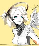  1girl alternate_eye_color alternate_hair_color aqua_eyes bodysuit breasts closed_mouth eyelashes hair_intakes high_ponytail hine_(artist) leaning_forward looking_at_viewer mechanical_halo mechanical_wings medium_breasts mercy_(overwatch) overwatch short_hair signature simple_background smile solo spot_color taut_clothes tsurime turtleneck upper_body white_hair wings 