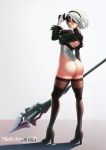  1girl ass back_cutout blindfold_lift boots feather-trimmed_sleeves from_behind high_heel_boots high_heels highres leotard looking_at_viewer looking_back mole mole_under_mouth newash nier_(series) nier_automata polearm silver_hair solo spear thigh-highs thigh_boots weapon yorha_no._2_type_b 