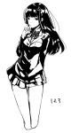 1girl breasts eyelashes greyscale hair_ornament highres long_hair long_sleeves looking_at_viewer medium_breasts monochrome necktie number persona persona_5 sakofu school_uniform simple_background sketch skirt solo thigh_gap tougou_hifumi white_background 