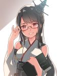  1girl adjusting_glasses black_hair commentary_request fusou_(kantai_collection) glasses kantai_collection ko_ru_ri long_hair nontraditional_miko notepad red_eyes solo upper_body 
