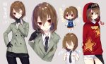  1girl akechi_gorou androgynous breast_conscious buttons chibi eyelashes female flat_chest genderswap genderswap_(mtf) gloves grey_background hand_on_hip hood hoodie jacket light_brown_hair male_focus medium_hair necktie one_eye_closed pale_skin pantyhose patterned_clothing persona persona_5 red_eyes sakofu shorts simple_background skirt text white_background 