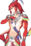  1boy abs bangs bare_chest fins fishman gem hair hair_ornament hand_on_own_chest humanization jewelry looking_at_viewer male_focus muscle muse_(rainforest) pants redhead scar sharp_toenails shirtless shoulder_pads sidon simple_background slit_pupils smile solo the_legend_of_zelda the_legend_of_zelda:_breath_of_the_wild toenails white_background yellow_eyes zora 