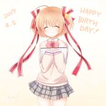  1girl 2017 beige_sweater blonde_hair bow closed_eyes cowboy_shot dated hair_ribbon happy_birthday highres kamikita_komari little_busters!! miyoshi_yun pink_bow plaid plaid_skirt pleated_skirt red_ribbon ribbon school_uniform short_hair sketchbook skirt smile twintails two_side_up 