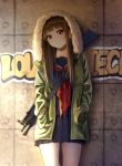  1girl black_serafuku brown_hair firearm fur_trim graffiti gun h&amp;k_mp5 hands_in_pockets highres hood hooded_jacket jacket kentaurosu long_hair looking_at_viewer military original pleated_skirt red_eyes rifle school_uniform serafuku skirt solo submachine_gun weapon 