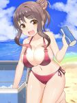  1girl :d bare_arms bare_legs bare_shoulders barefoot battlegaregga beach bikini breasts brown_eyes brown_hair fang highres ice ice_cube kantai_collection large_breasts long_hair naganami_(kantai_collection) ocean open_mouth red_bikini smile solo swimsuit wet 