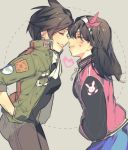  2girls commentary_request d.va_(overwatch) denim earrings hairband hands_in_pockets jacket jeans jewelry multiple_girls noses_touching overwatch pants scarf smile tracer_(overwatch) union_jack va whisker_markings yuri 