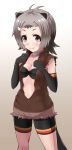  1girl ahoge american_beaver_(kemono_friends) animal_ears antenna_hair bangs bangs_pinned_back bare_shoulders beaver_ears beaver_tail beige_background black_swimsuit blush breasts brown_jacket brown_shorts choker cleavage clenched_hands collarbone elbow_gloves eyebrows eyelashes gloves gradient gradient_background gradient_hair grey_hair hair_ornament hairclip halulu jacket kemono_friends long_hair looking_at_viewer medium_breasts multicolored_hair navel north_american_beaver_(kemono_friends) open_clothes open_jacket parted_bangs pink_lips popped_collar sanpaku shiny shiny_hair shiny_skin short_shorts shorts simple_background sleeveless sleeveless_jacket smile solo swimsuit swimsuit_under_clothes tail tareme thick_eyebrows two-tone_background two-tone_hair violet_eyes white_background 