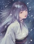 1girl bangs blizzard blunt_bangs hair_in_mouth highres japanese_clothes kimono lavender_eyes lavender_hair long_sleeves looking_at_viewer obi original parted_lips popobobo red_lips sash sidelocks snowing solo upper_body wind yuki_onna 