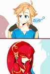  1boy 1girl blonde_hair blue_eyes blush cheek_poking closed_eyes comic fingerless_gloves fins fish_girl flower gloves happy jewelry laughing link mew-sama mipha monster_girl pointy_ears poking smile text the_legend_of_zelda the_legend_of_zelda:_breath_of_the_wild zora 