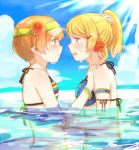  2girls ayase_eli bikini blonde_hair blush bracelet eye_contact flower hair_flower hair_ornament hairclip hoshizora_rin hug jewelry looking_at_another love_live! love_live!_school_idol_festival love_live!_school_idol_project multiple_girls orange_hair ponytail sunlight swimsuit visor_cap water ymrxx_(kamihurai) 