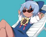  &gt;:3 1girl :3 arms_behind_head arms_up bespectacled blue_bow blue_dress blue_eyes blue_hair bow cirno closed_mouth commentary_request dress flower glasses hair_bow hammer_(sunset_beach) hidden_star_in_four_seasons legs_crossed looking_at_viewer looking_over_glasses puffy_short_sleeves puffy_sleeves short_hair short_sleeves smile smug solo sparkle sunflower sunglasses tan touhou 