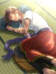  1boy arm_tattoo black_gloves brown_hair closed_eyes dark_skin dark_skinned_male gloves highres lying male_focus on_side ookurikara pillow sleeping tattoo touken_ranbu tsubakiya 