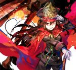  1girl adjusting_clothes adjusting_hat black_hair black_hat cape demon_archer eyebrows_visible_through_hair fate/grand_order fate_(series) fuji_choko gloves green_ribbon hat koha-ace long_hair long_sleeves looking_at_viewer open_mouth red_cape red_eyes ribbon smile solo white_gloves 